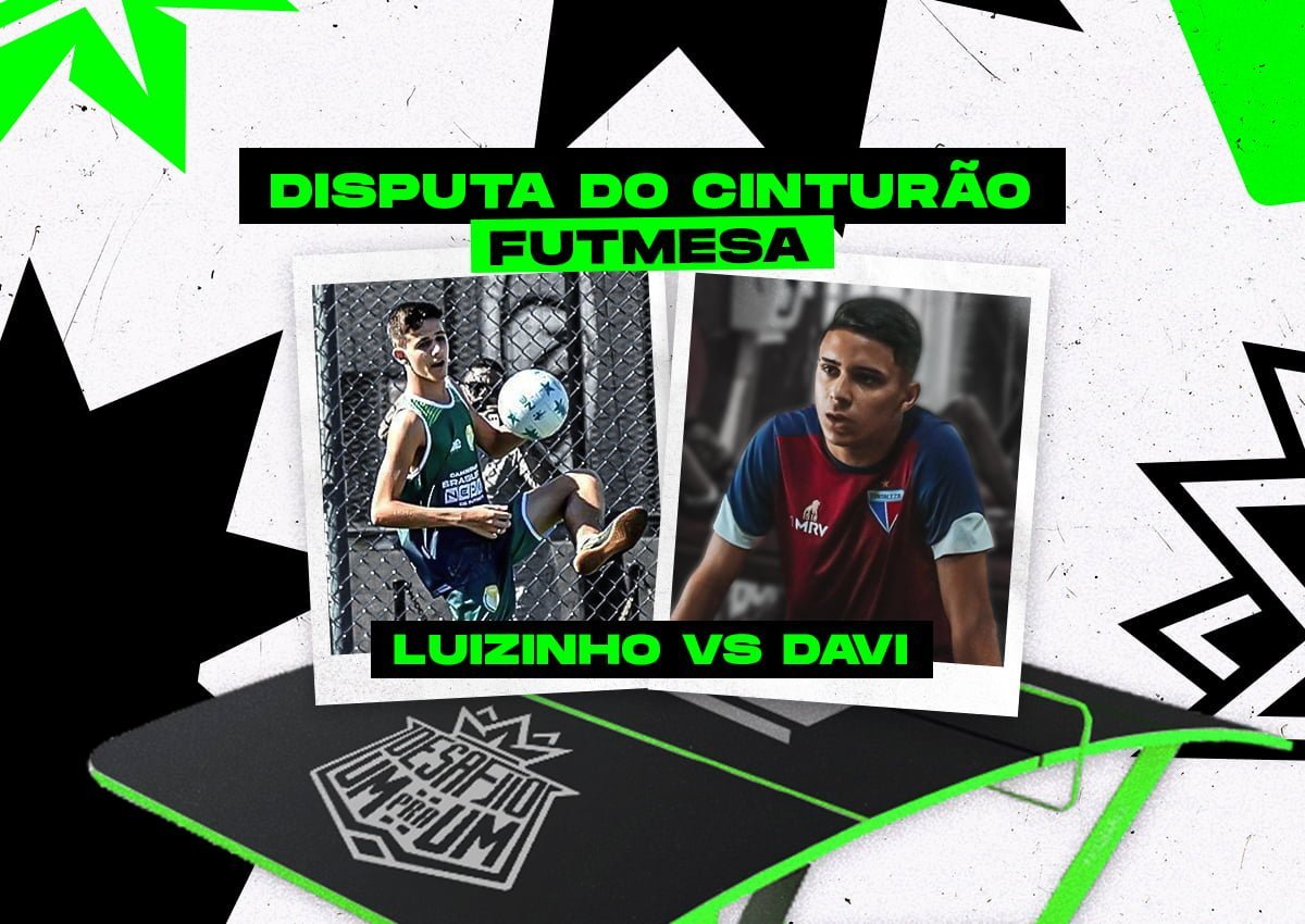 Desafio 1X1 no futmesa: Luizinho e Davi lutam pelo cinturão. (Imagem: Designer João Victor / Equipe Desafio Um Pra Um)