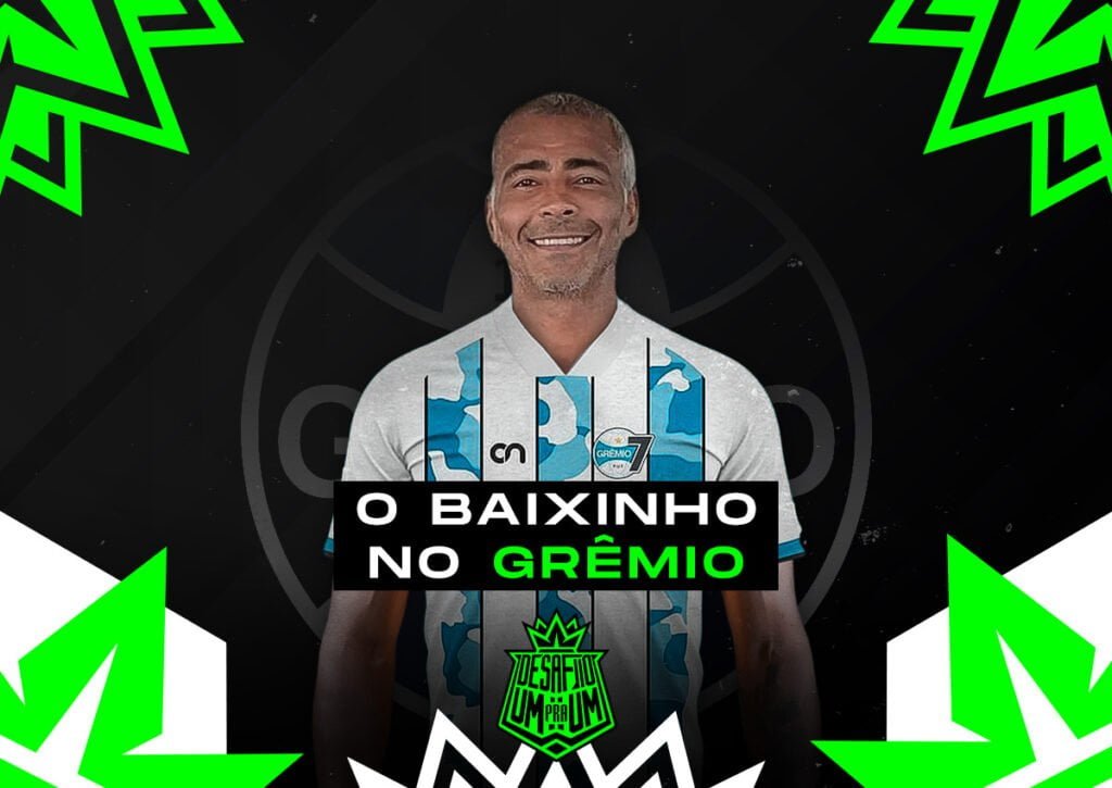Embaixador do Desafio Um Pra Um, Romário vai defender o Grêmio Fut 7. (Imagem: Designer João Victor / Equipe Desafio Um Pra Um)