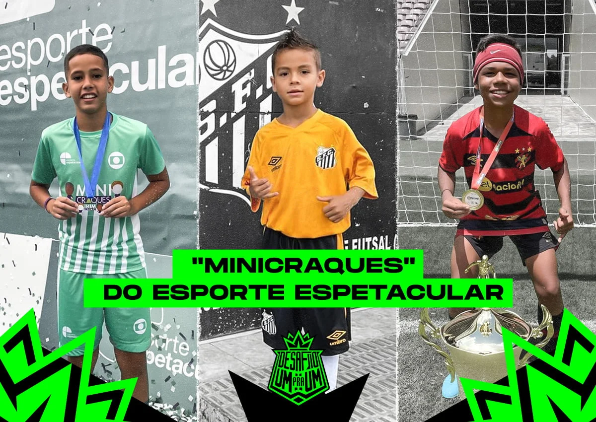 Arthur e Meia Trocada são estrelas do quadro “Minicraque” do Esporte Espetacular. (Imagem: Designer João Victor / Equipe Desafio Um Pra Um)